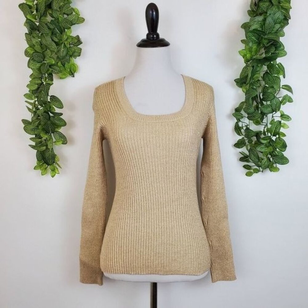 New York & Company Gold Metallic Knit Blouse top Scoop Neck Long Sleeve Medium